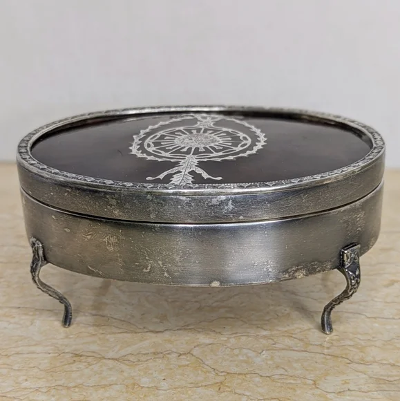 Vintage Tortoise Shell Pattern Silver Tone Metal Oval Jewelry Lidded Box - Picture 4 of 15